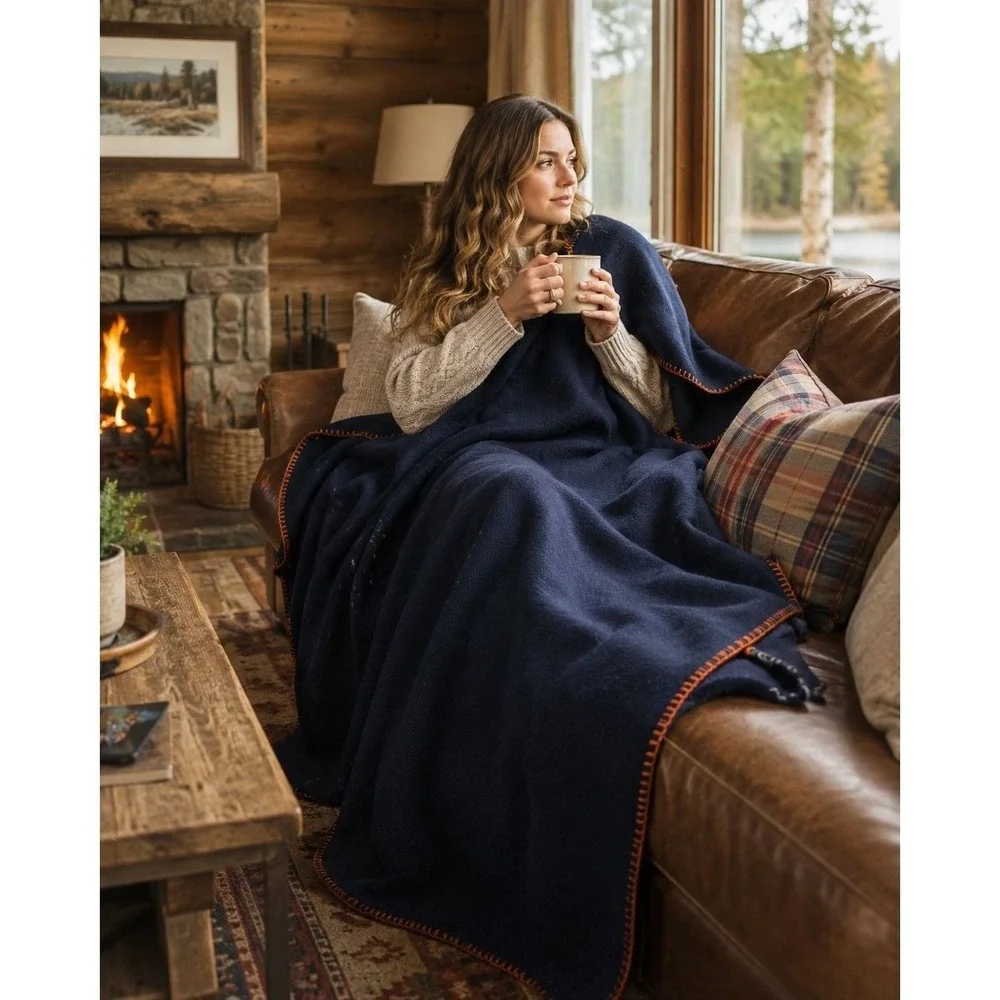 Jmr USA Wool Blend Navy Blue Blanket Orange Whip Stitch 66x82 Throw